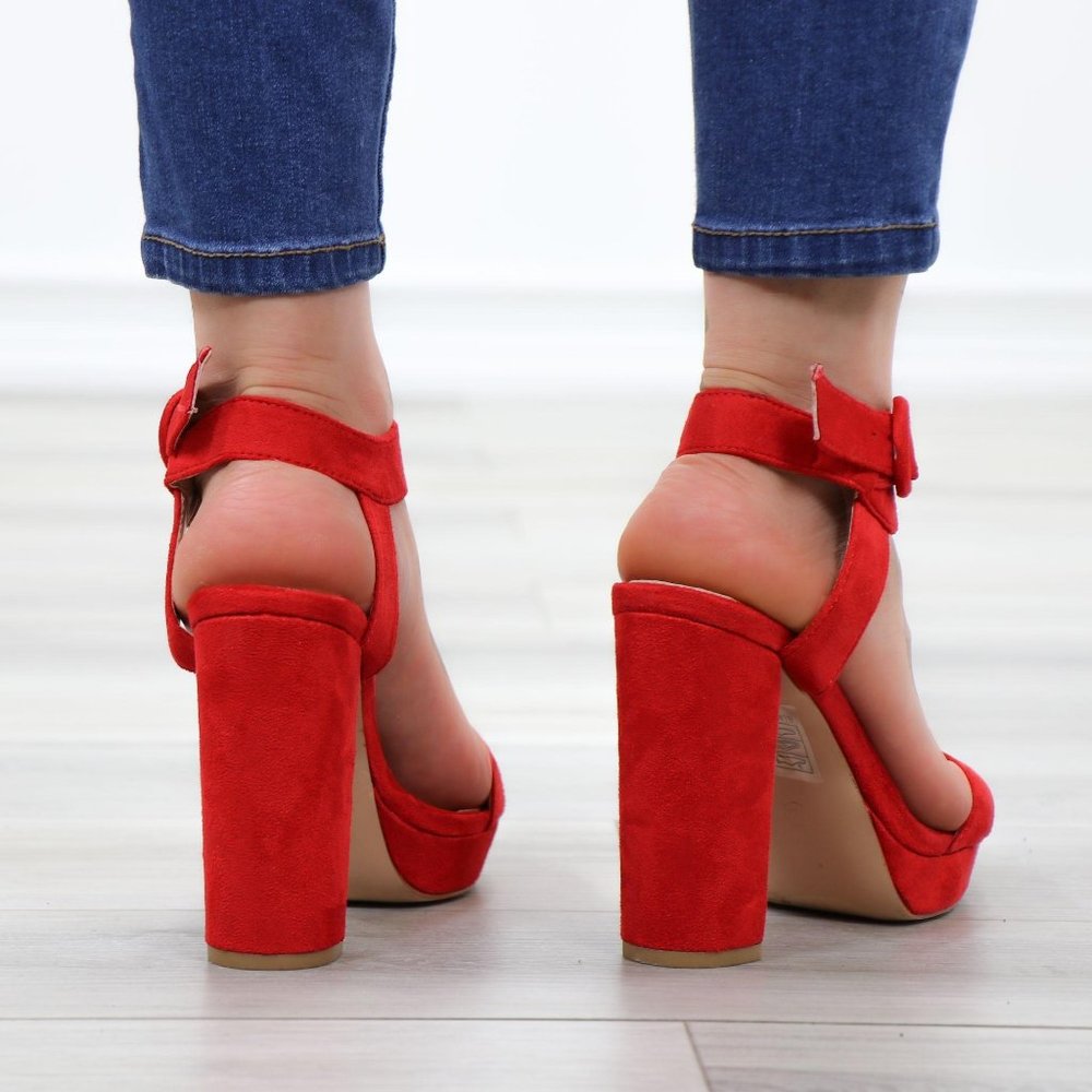 Faux Suede Red Platform Open Pointy Toe High Heels - image 7